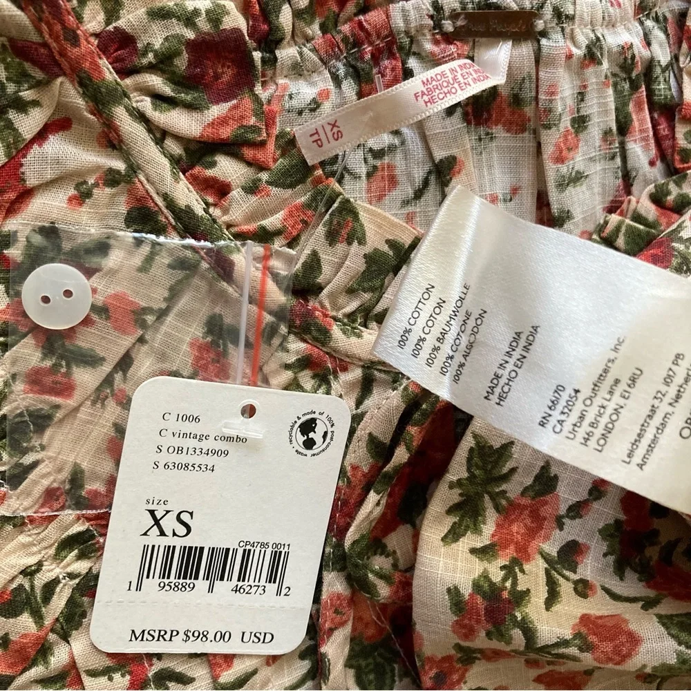 Free People Meant To Be Floral Roses Cotton Poet Blouse Statement Sleeves